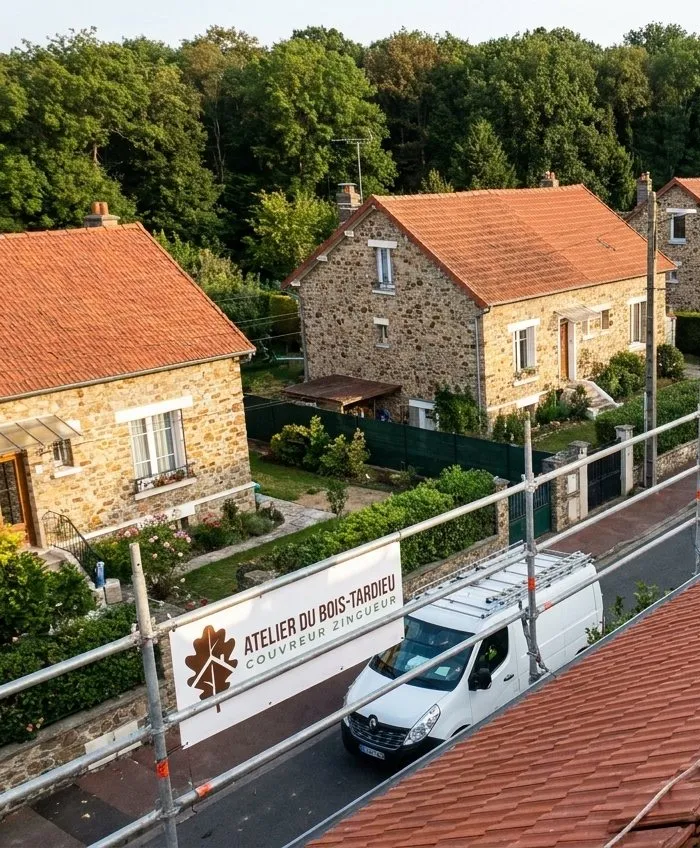 Chantier de couverture de l'Atelier du Bois-Tardieu à Clamart&nbsp;: échafaudage, panneau et pavillons en meulière à la lisière du bois