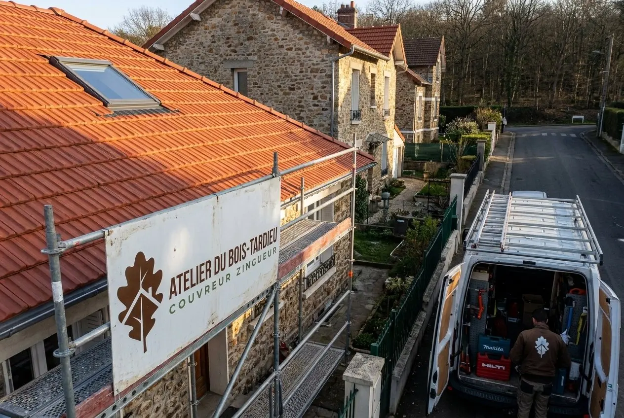 Toiture en tuiles mécaniques neuves avec fenêtre de toit sur un pavillon en meulière de Clamart, panneau de l'Atelier du Bois-Tardieu et camionnette
