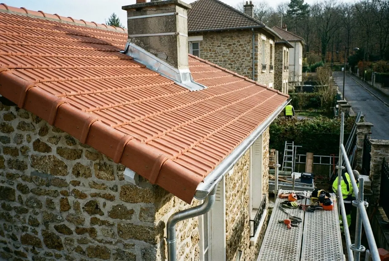 Après travaux à Clamart&nbsp;: toiture refaite en tuiles mécaniques neuves, rives, solin de cheminée et gouttière en zinc sur pavillon en meulière