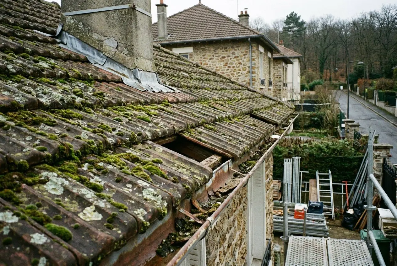 Avant travaux à Clamart&nbsp;: toiture en tuiles mécaniques couverte de mousse, tuiles cassées et gouttière encombrée sur un pavillon en meulière