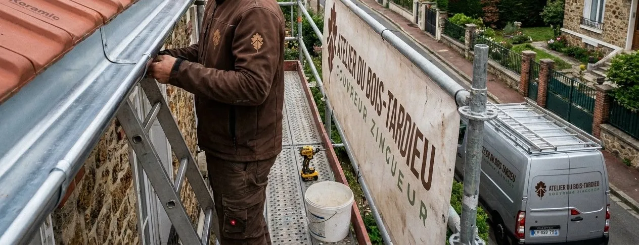 Zingueur de l'Atelier du Bois-Tardieu posant une gouttière pendante en zinc sur un pavillon en meulière à Clamart